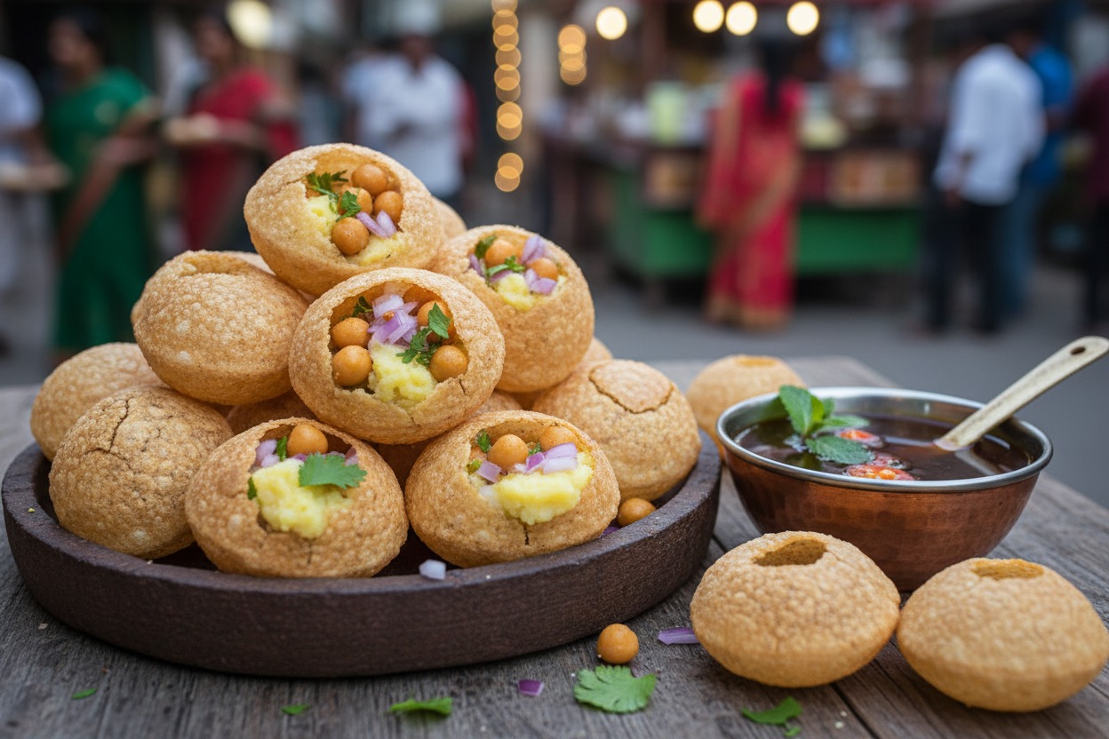 A large bowl is filled with a towering stack of hollow, crispy golgappas stuffed with potatoes, chickpeas, onions, and herbs, served next to a bowl of tangy tamarind water.